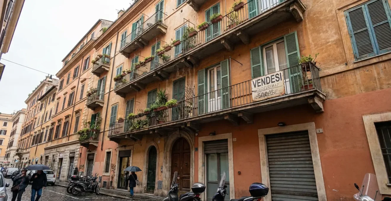 Facciata tipica italiana con balconi e cartello agenzia immobiliare