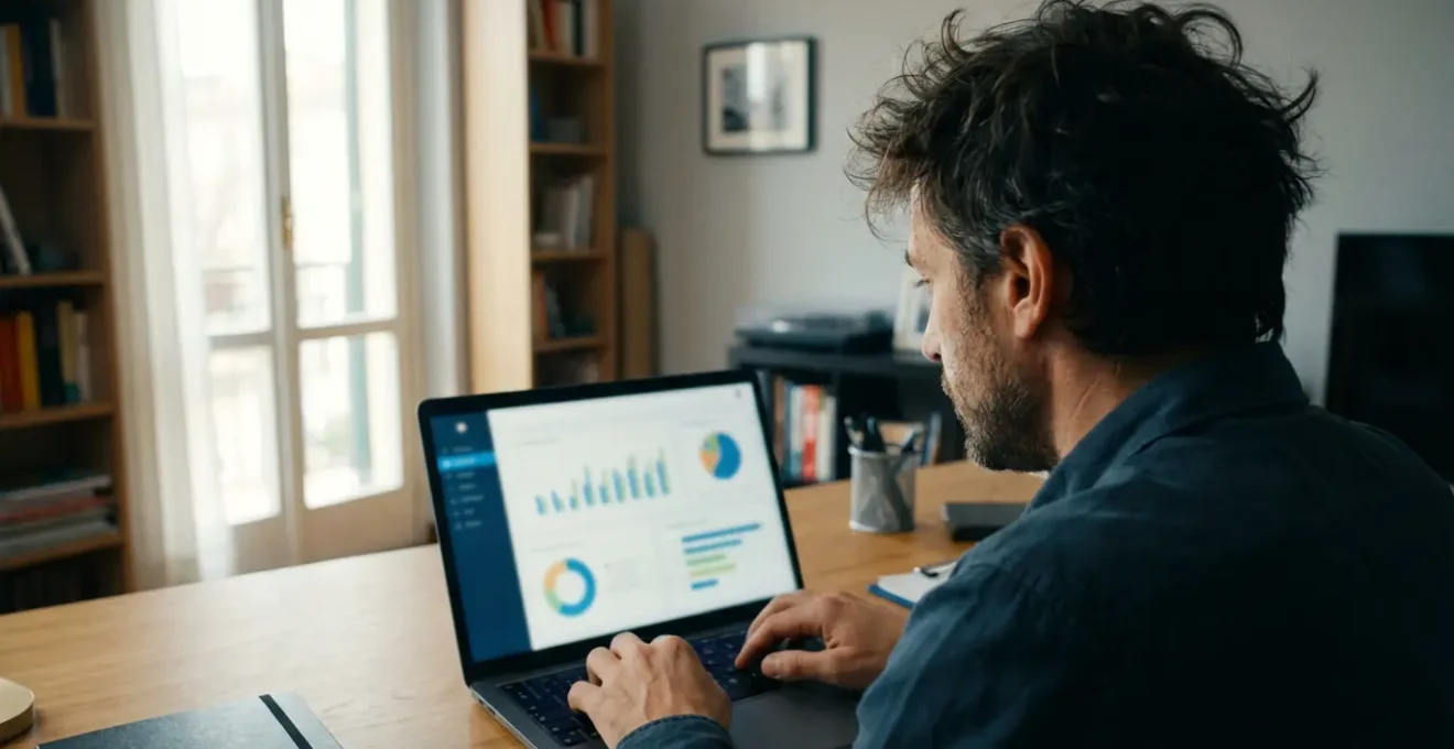 Proprietario che analizza dati sulle transazioni immobiliari su schermo laptop