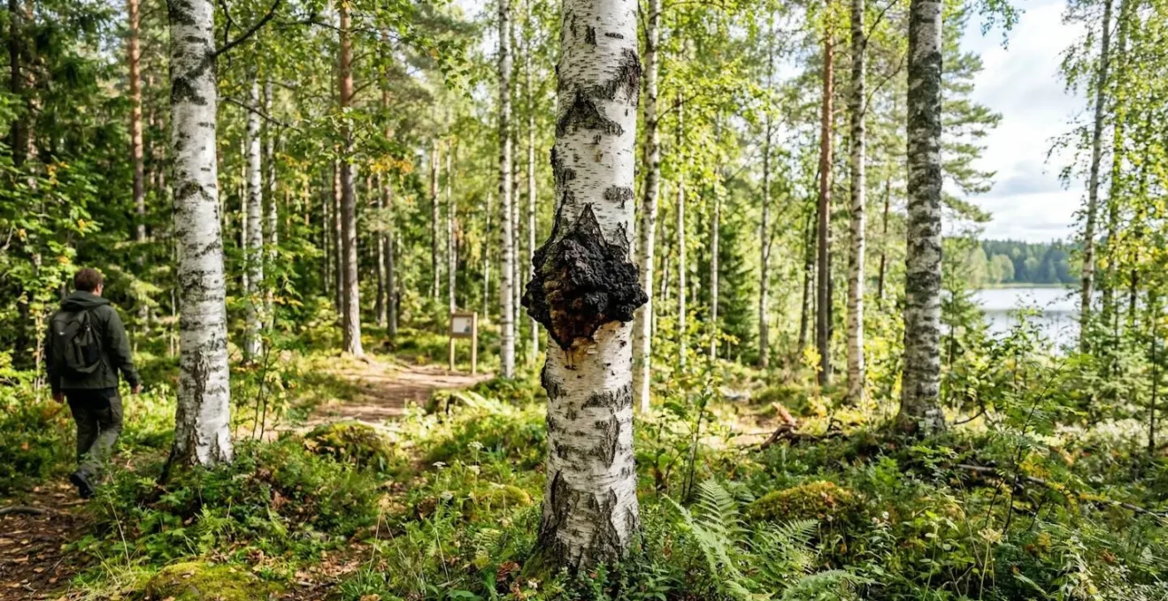 Fungo Chaga scuro cresciuto su corteccia bianca di betulla in ambiente naturale di foresta nordica