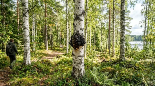 Fungo Chaga scuro cresciuto su corteccia bianca di betulla in ambiente naturale di foresta nordica