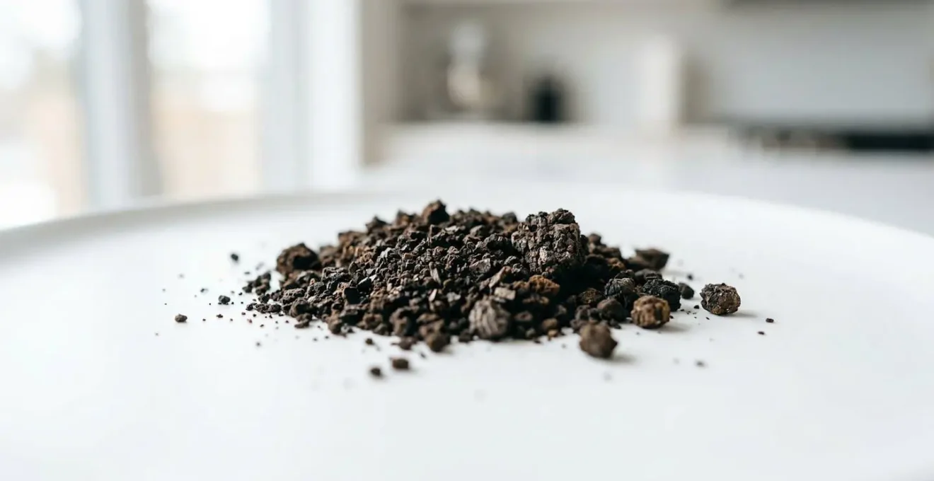 Macro dettaglio di polvere di Chaga di colore marrone molto scuro su superficie bianca pulita e moderna